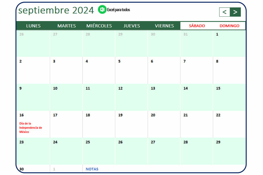 Calendario septiembre 2024 Mexico