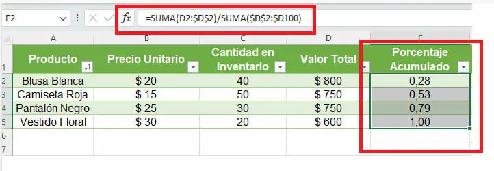 Ejemplo método ABC de inventarios en Excel paso 3