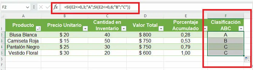 Ejemplo método ABC de inventarios en Excel paso 4