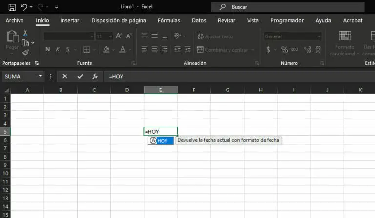 Función HOY en Excel