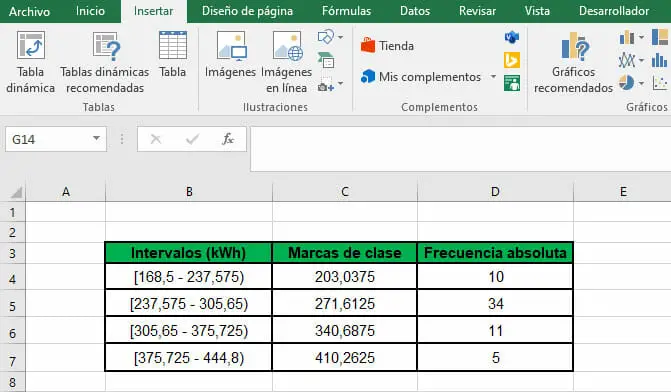 Opción insertar en la barra de herramientas de Excel