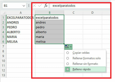 Cambiar mayúsculas a minúsculas en Excel usando relleno rapido