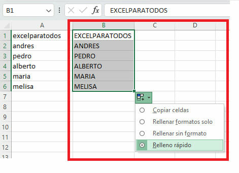 Cambiar minúsculas a mayúsculas en Excel usando relleno rápido