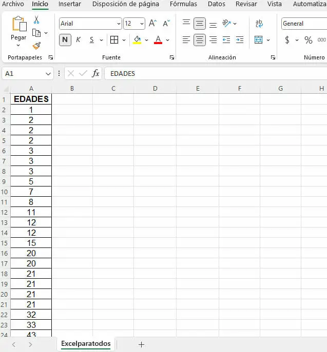 Hacer un diagrama de tallo y hoja en Excel paso 1