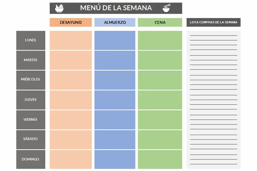 Plantilla de menu semanal en Excel y PDF
