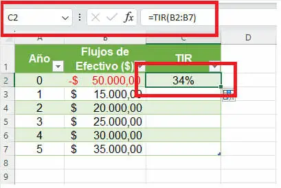 Calcular la TIR en Excel paso 2
