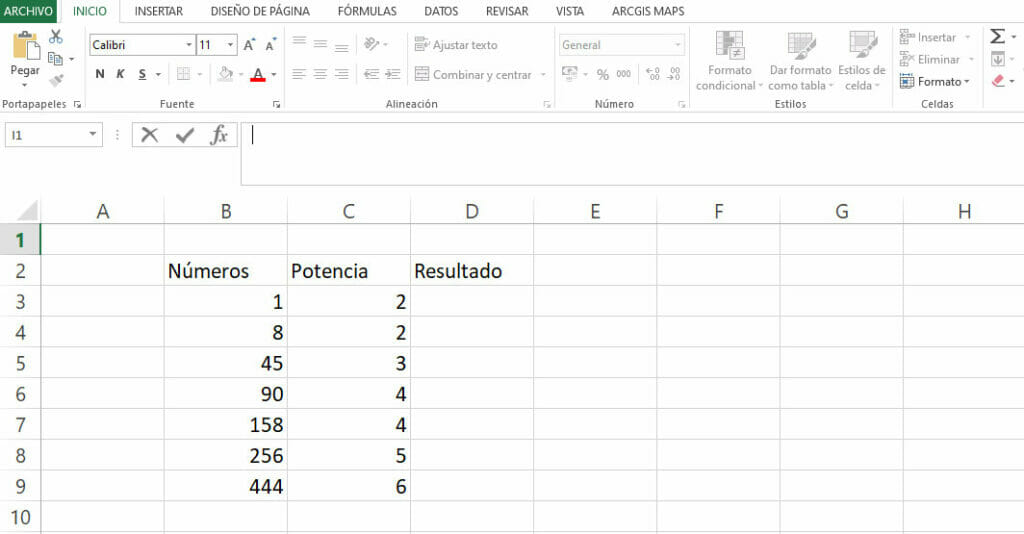 Ejemplo función PONTENCIA en Excel paso 1