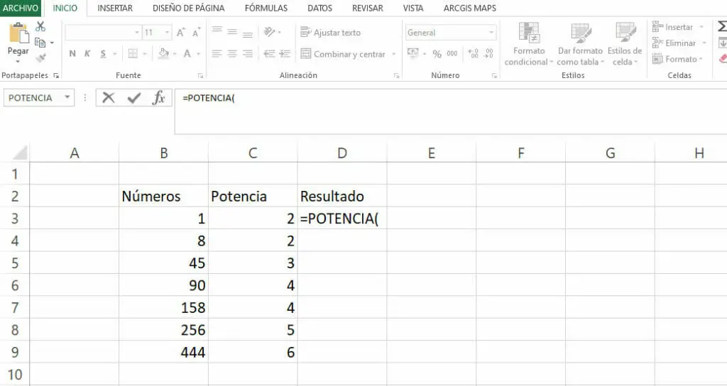 Ejemplo función PONTENCIA en Excel paso 2
