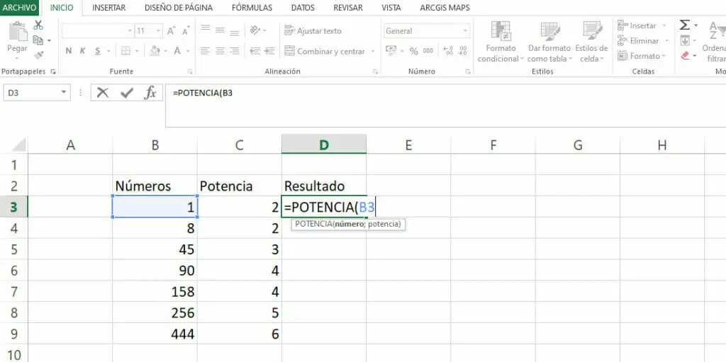 Ejemplo función POTENCIA en Excel paso 3