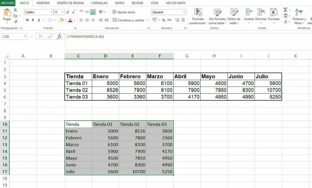 Ejemplo Función TRANSPONER en Excel paso 5