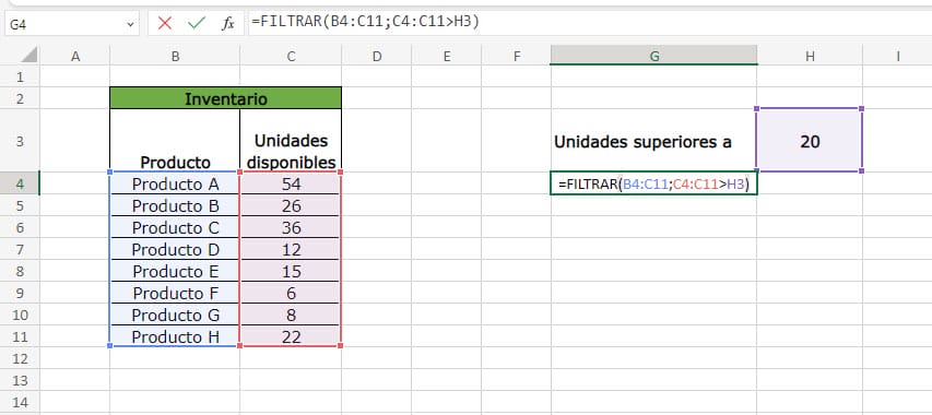 Ejemplo de la función FILTRAR en Excel paso 2