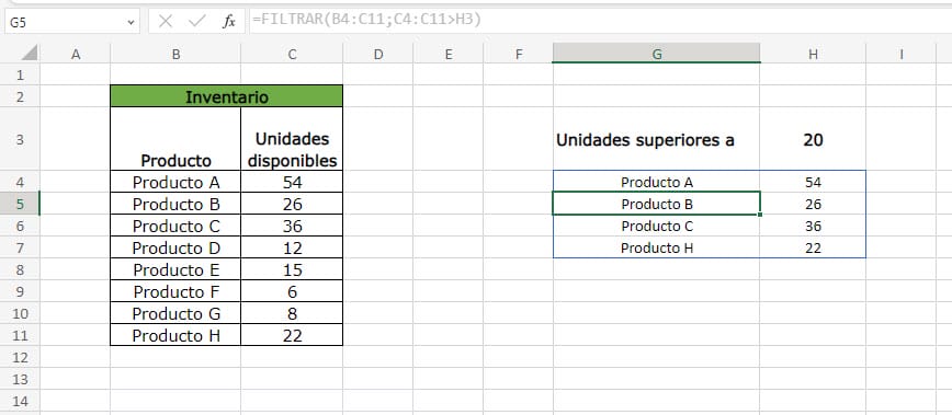 Ejemplo de la función FILTRAR en Excel paso 3