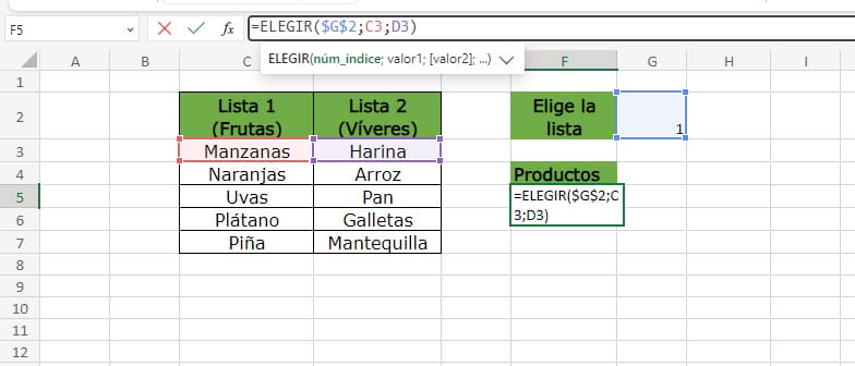 Ejemplo de la función ELEGIR en Excel paso 4