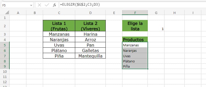 Ejemplo de la función ELEGIR en Excel paso 5