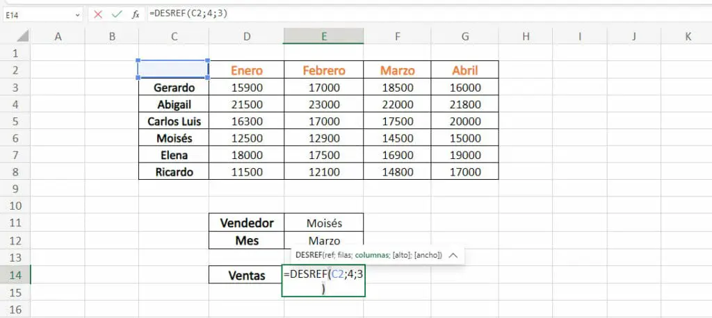 Ejemplo de la función DESREF en Excel paso 3