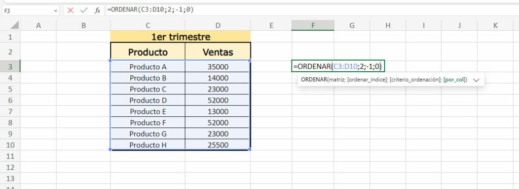 Ejemplo de la función ORDENAR en Excel paso 2