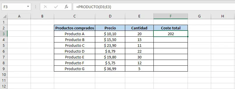 Ejemplo función PRODUCTO en Excel paso 3