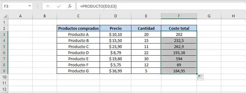 Ejemplo función PRODUCTO en Excel paso 4