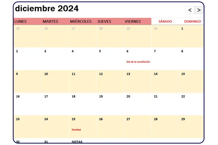 calendario diciembre 2024 españa