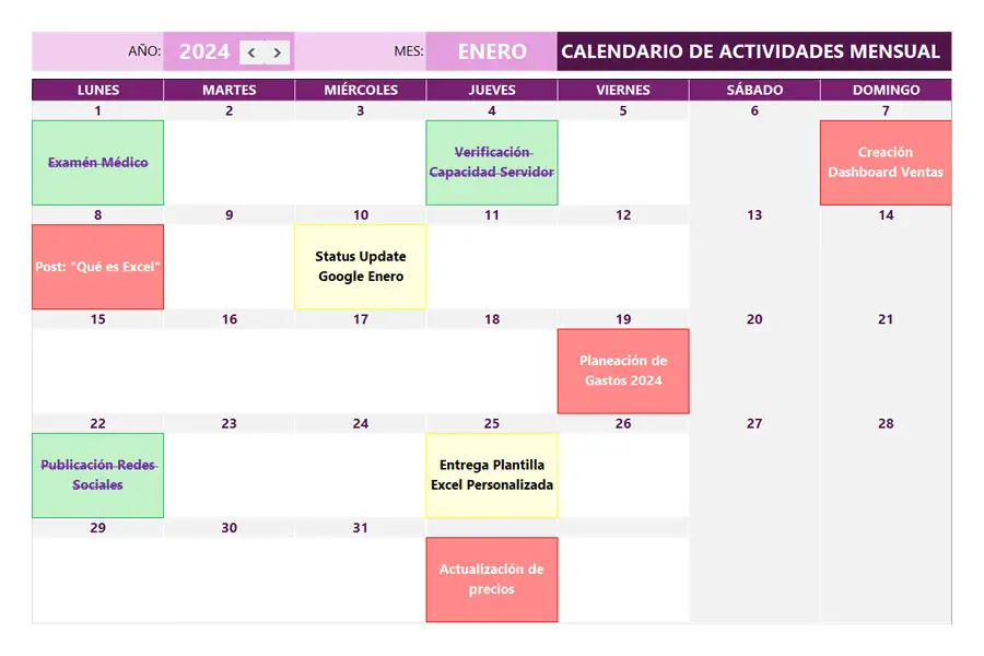 Calendario de actividades en Excel