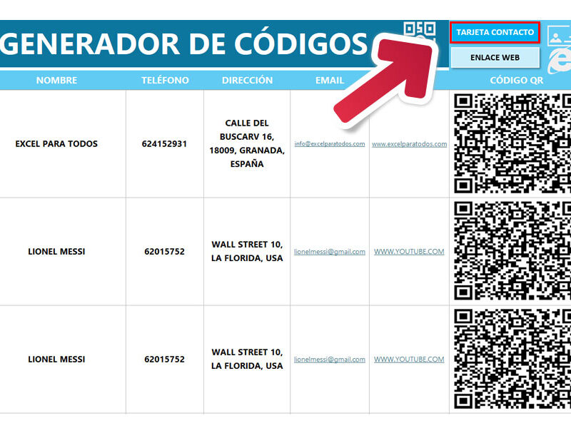 Código QR en Excel para tarjeta de contacto