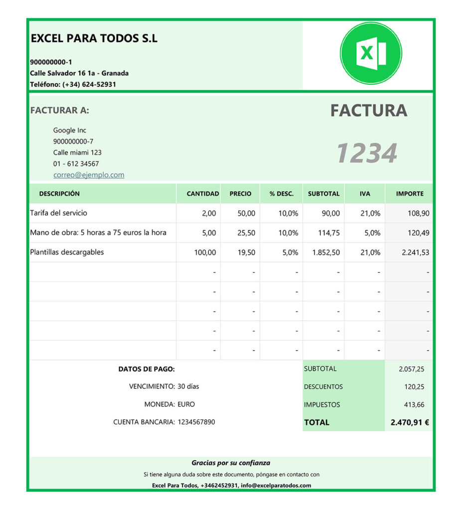 Plantilla De Factura Con IVA Y Descuento En Excel