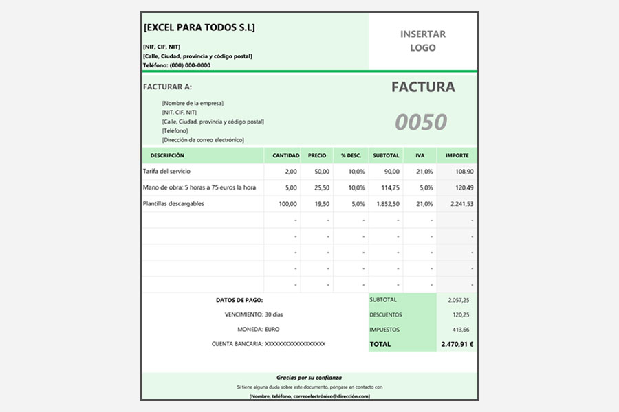 Plantilla De Factura Con IVA Y Descuento En Excel