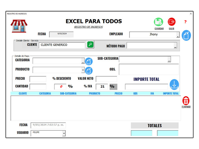 Modulo de ingresos de la plantilla Punto de Venta en Excel