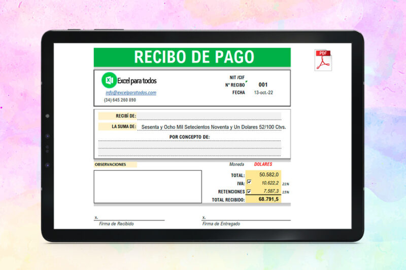 Formato recibo de pago en Excel