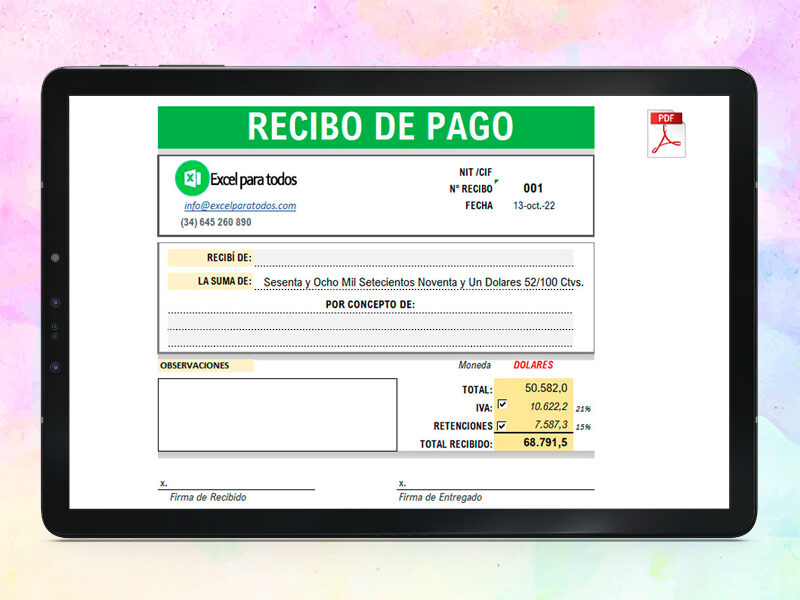 Formato recibo de pago en Excel
