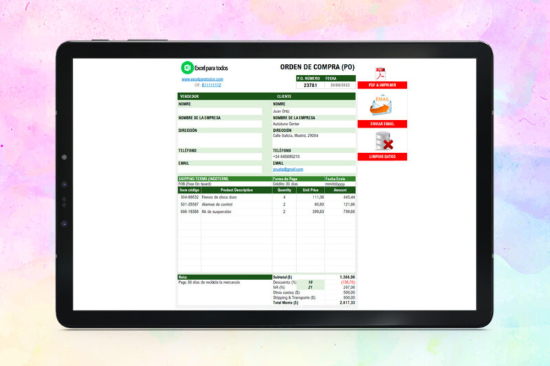 Formato Orden de Compra en Excel
