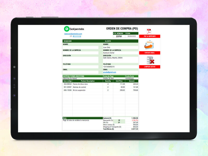 Formato Orden de Compra en Excel
