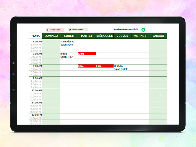 Horario Semanal en Excel