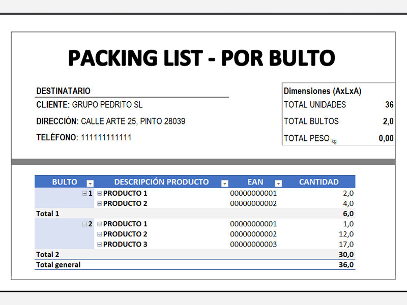 Plantilla Packing list en Excel