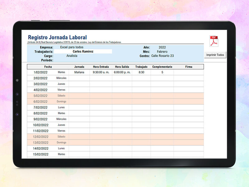 Plantilla Registro de Jornada Laboral Excel