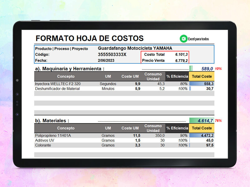 Formato Hoja de Costos en Excel